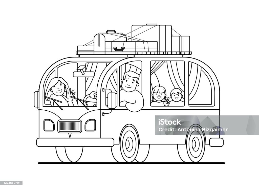Contour family trip on a minivan father drives mother children camping happy cartoon people kids in a retro minivan road trip summer vacation roof rack luggage suitcases for coloring book stock illustration