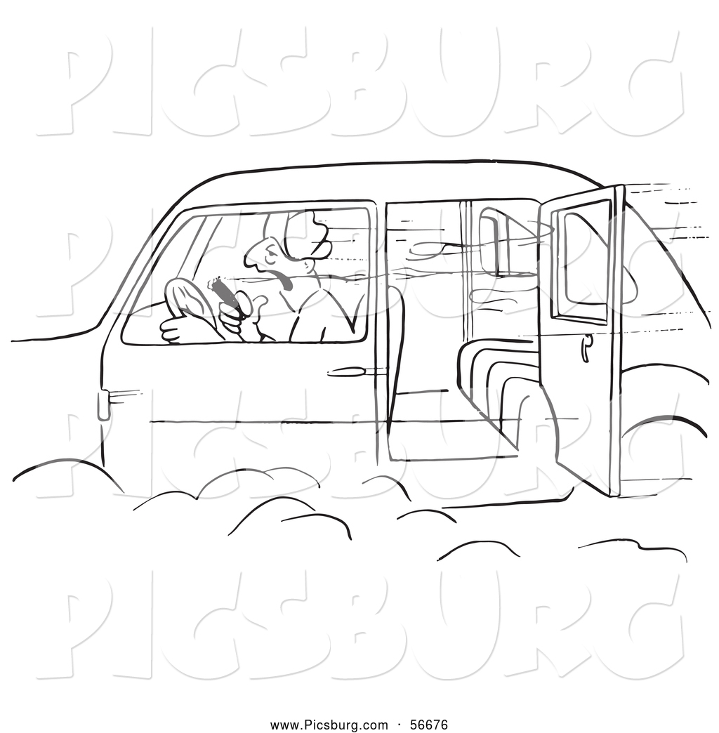 Clip art of a retro vintage man smoking a cigar in a speeding car with an open door black and white