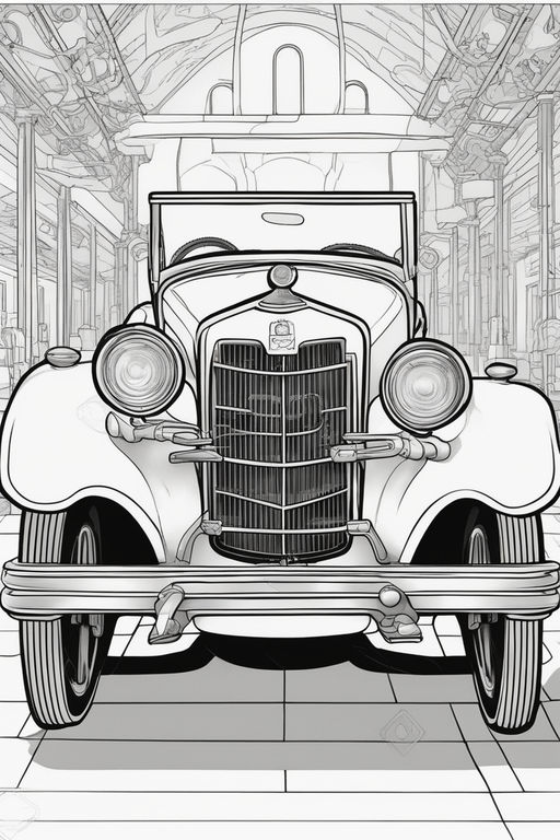 Oldtimer car outlined in black and white with clear lines