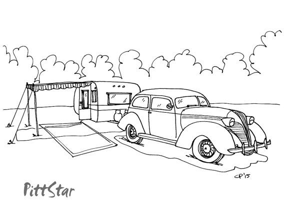 Instant download vintage camper with tow vehicle printable etsy printable adult coloring pages printable adult coloring adult coloring page