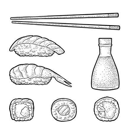 Set sushi chopsticks wasabi nigiri rolls soy sauce in glass bottle isolated on white background vintage black vector engraving