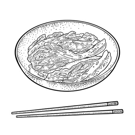 Korean food kimchi on plate with chopsticks vintage black vector engraving illustration isolated on white background hand drawn design element for label poster menu ù ùùø øªøµù ùù ù