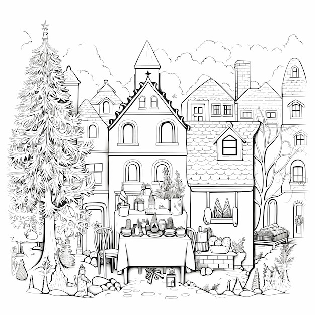 Premium ai image vintage christmas village delight childrens coloring page with clean lines
