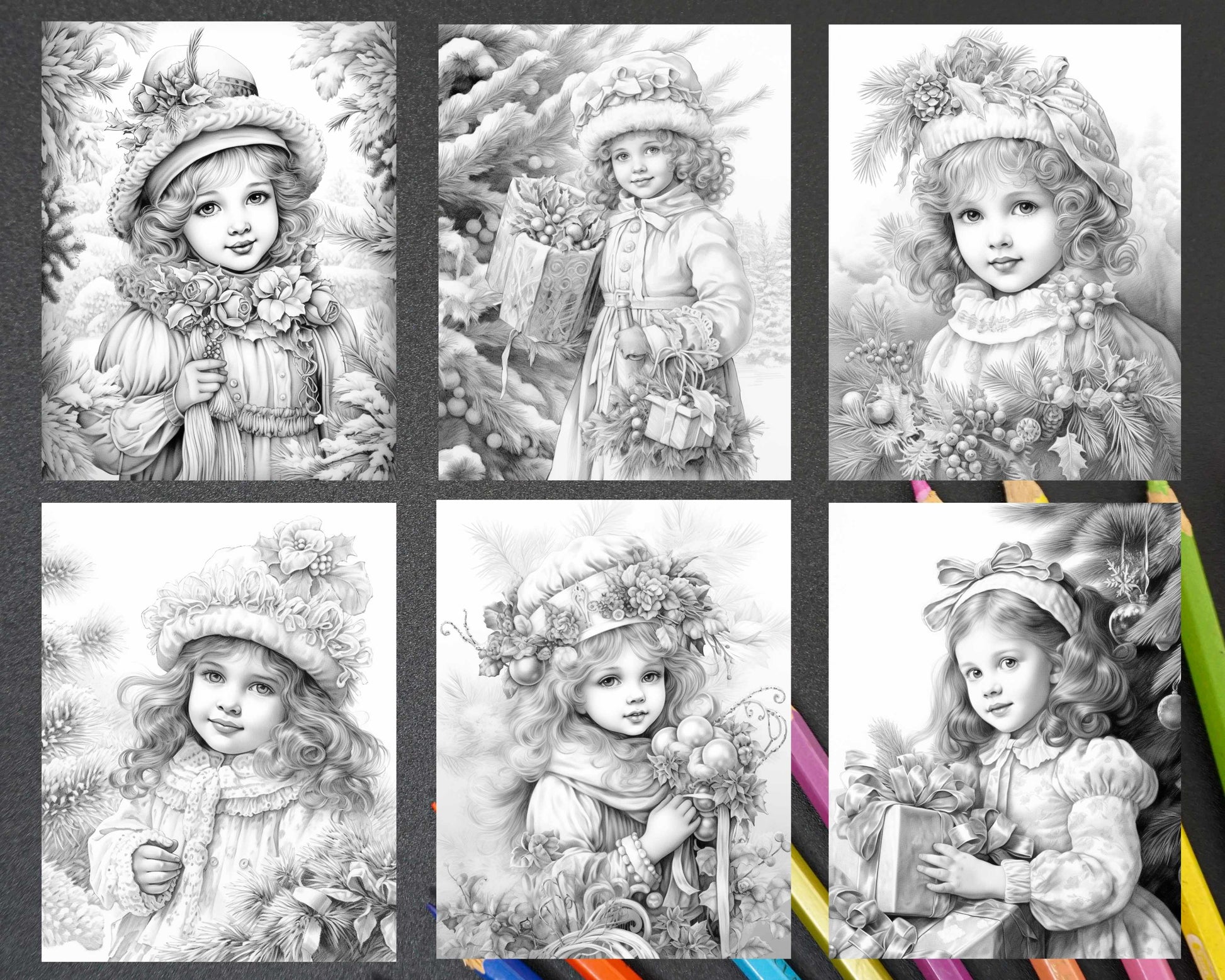 Vintage christmas girls grayscale coloring pages for adults and kid â coloring
