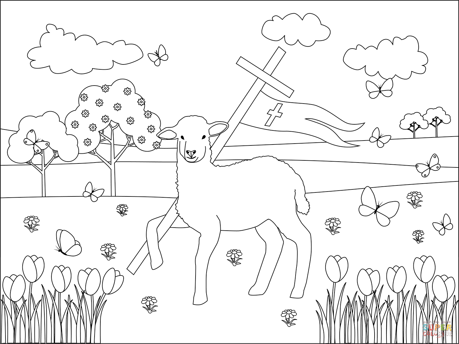 Easter lambs and jesus cross coloring page free printable coloring pages