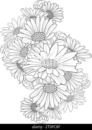 Daisy flower adult coloring book page design of black line drawing beautiful daisy flower bouquet stock vector image art