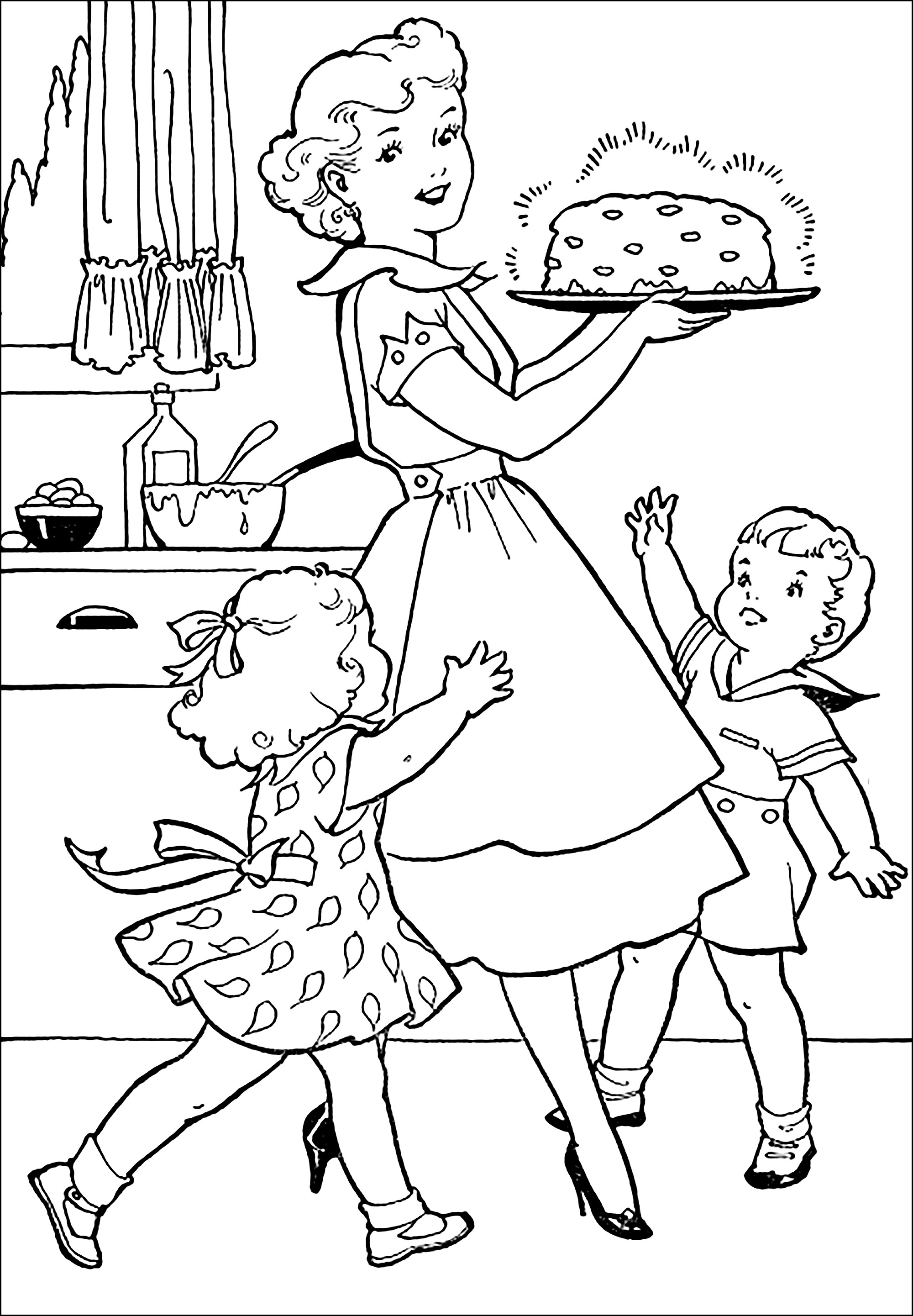 S style coloring of a mother preparing a cake for her son and daughter