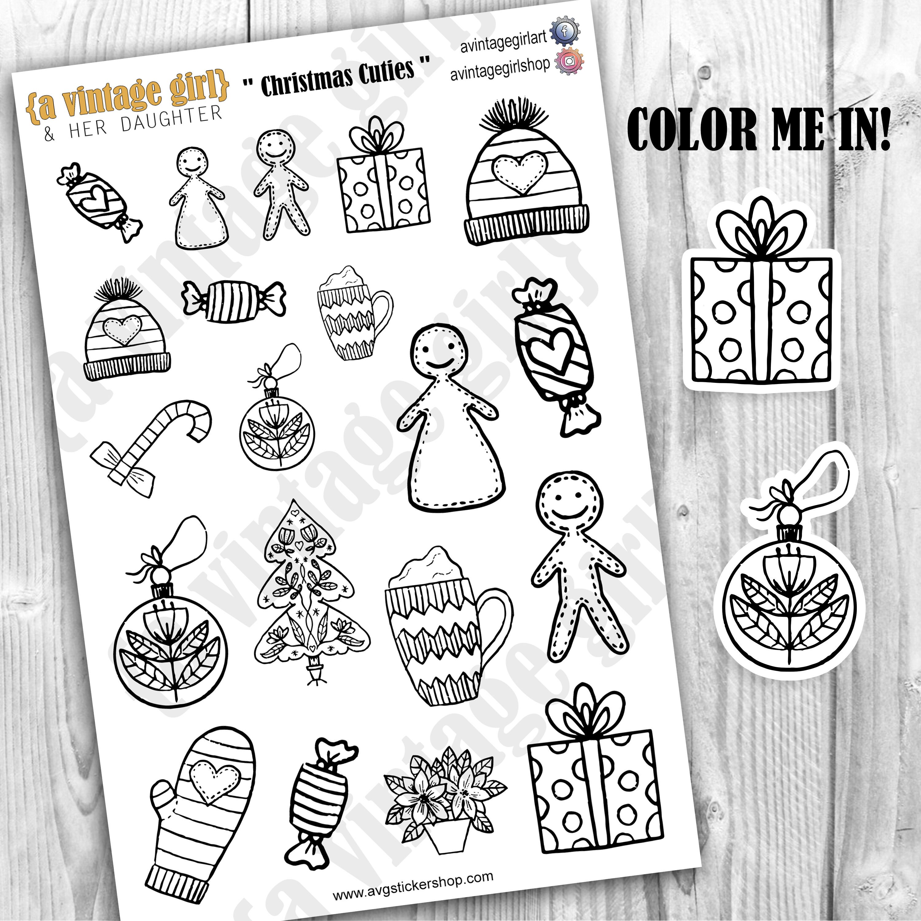 Christmas cuties planner stickers color me in christmas stickers buju stickers sticker sheet