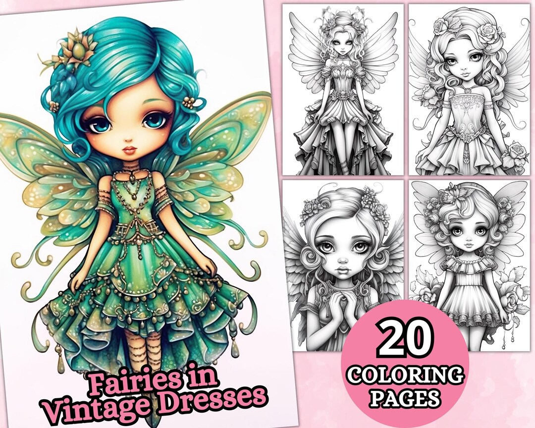 Fairies in vintage dresses coloring pages v fairy coloring page grayscale coloring page fantasy anime printable pdf coloring sheet