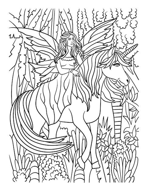 Premium vector fairy riding unicorn coloring page for adults