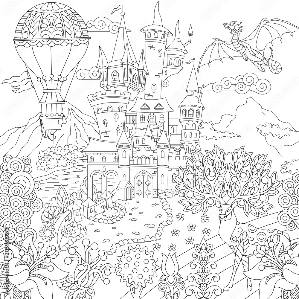 Fairy tale picture fairytale landscape with vintage castle dragon magic deer hot air balloon coloring page adult coloring book idea vector