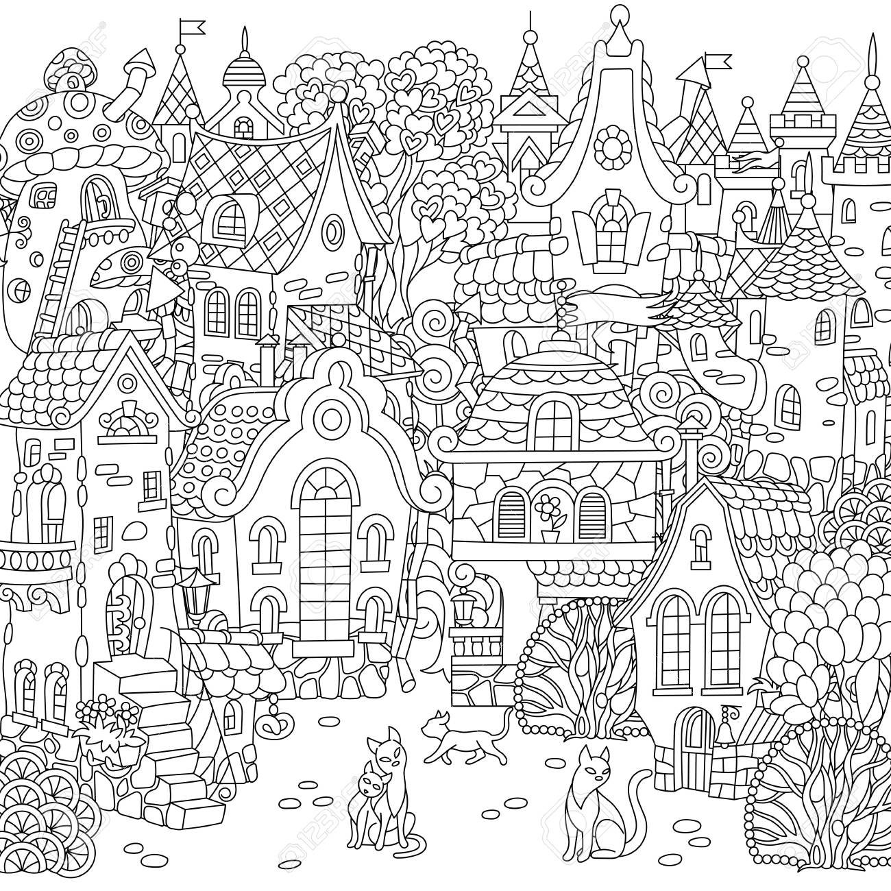 Fairy tale town city landscape fantasy cityscape with vintage houses and cats coloring page colouring picture coloring book freehand sketch drawing vector illustration royalty free svg cliparts vectors and stock illustration image
