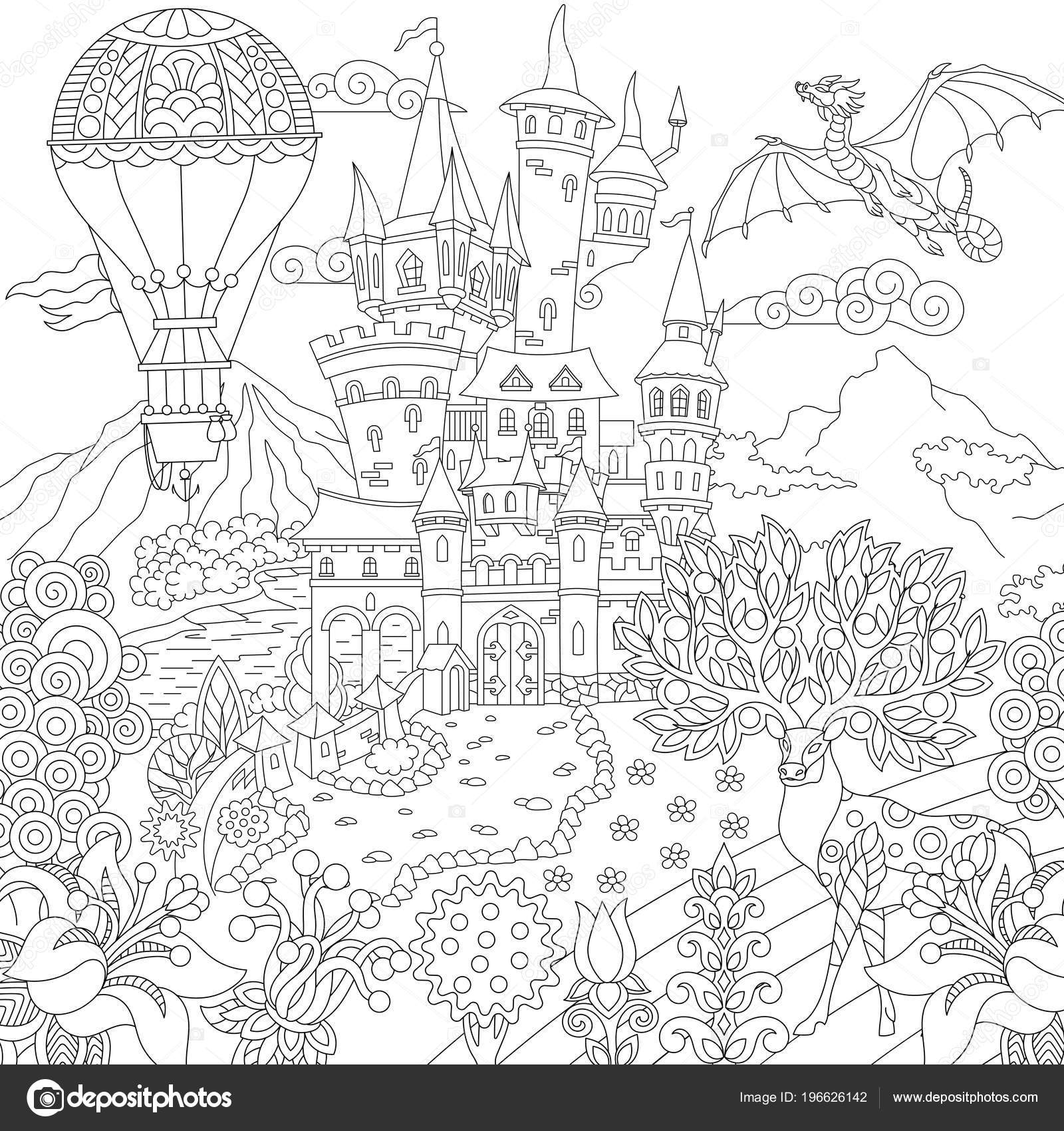 Fairy tale picture fairytale landscape vintage castle dragon magic deer stock vector by sybirko