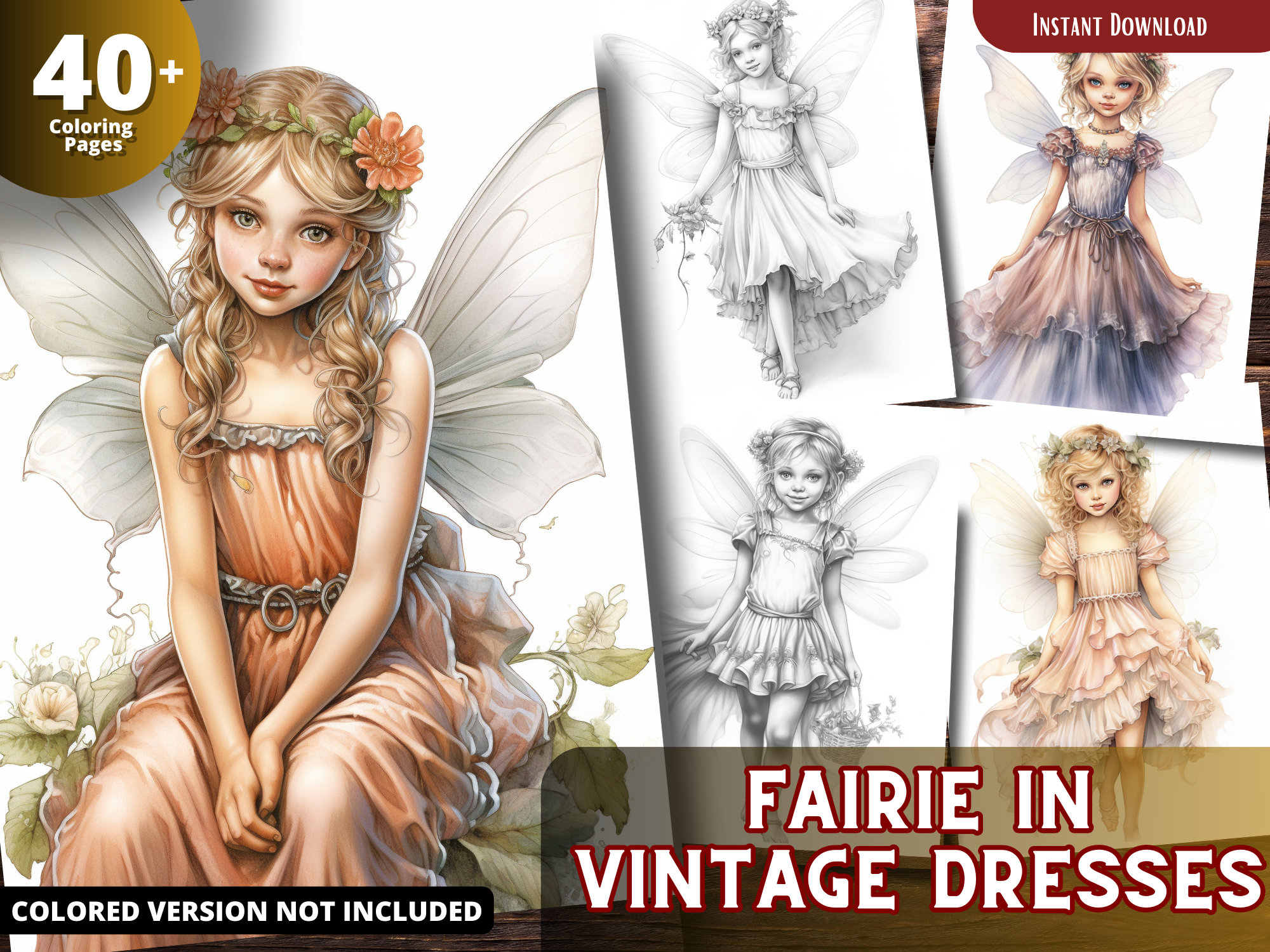 Fairie in vintage dresses coloring pages for adults and for kids for relax and stress relief grayscale coloring book printable pdf