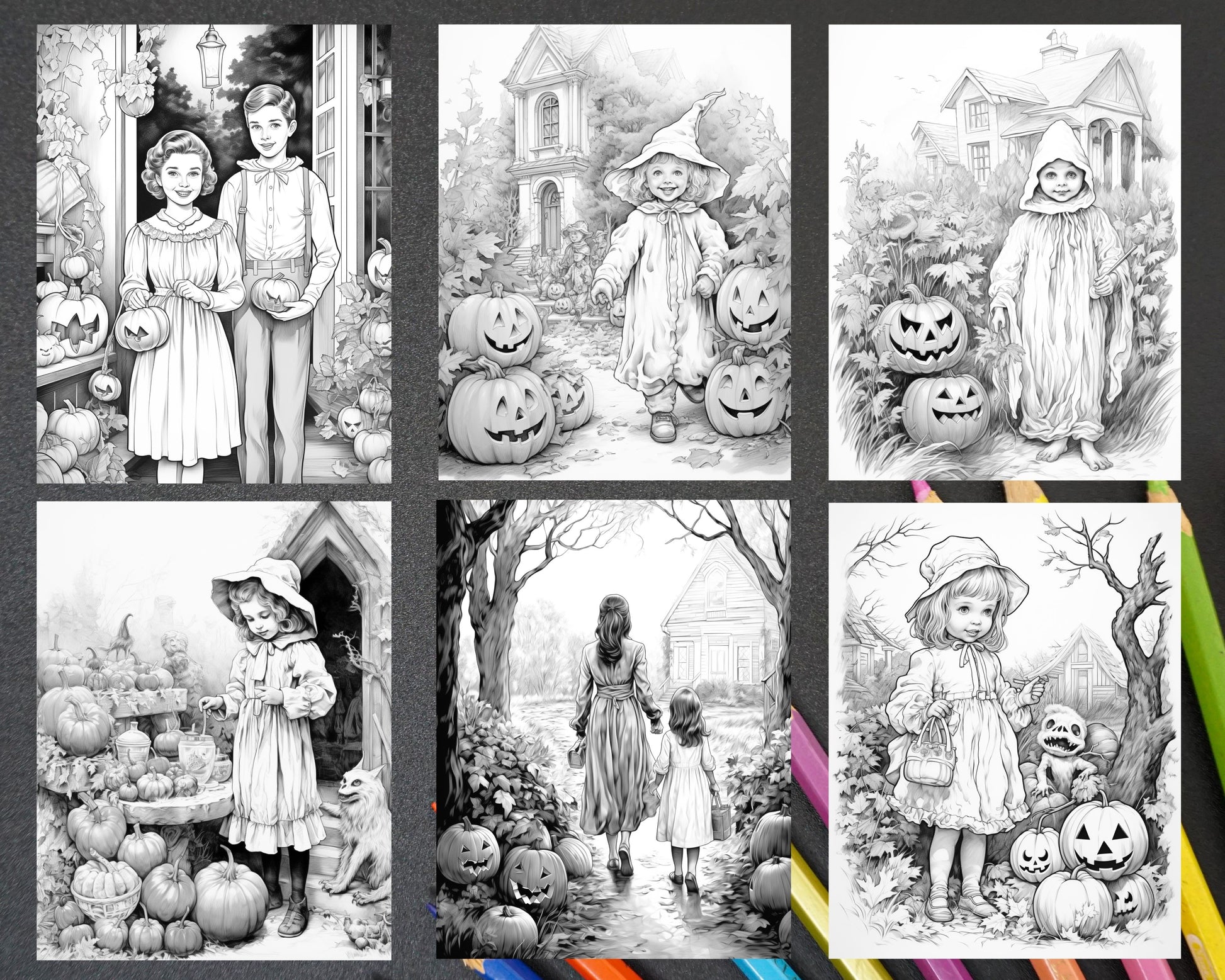 Vintage halloween trick or treat grayscale coloring pages printable â coloring