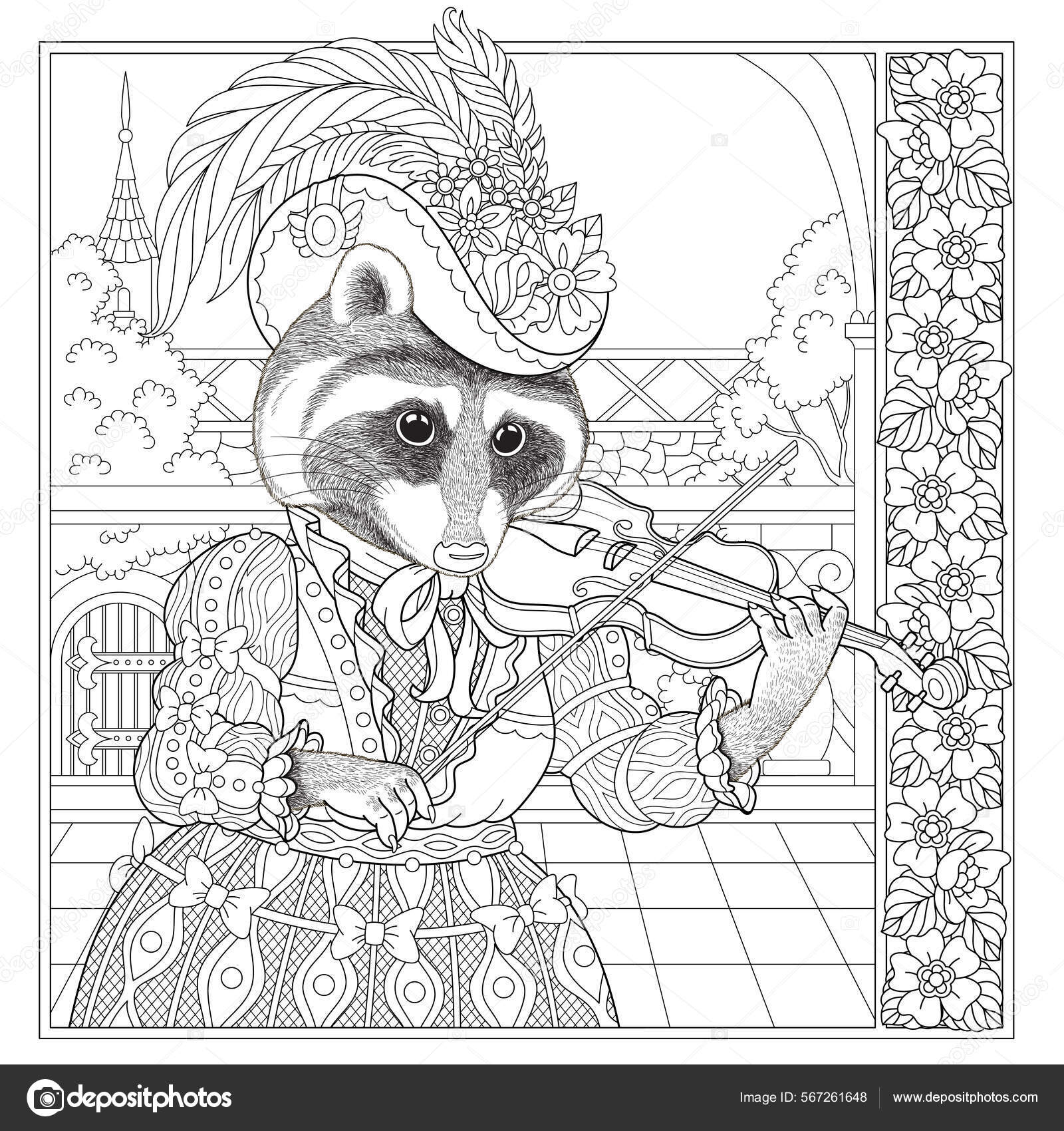 Fantasy fairytale raccoon girl vintage coloring book page adults stock vector by sybirko