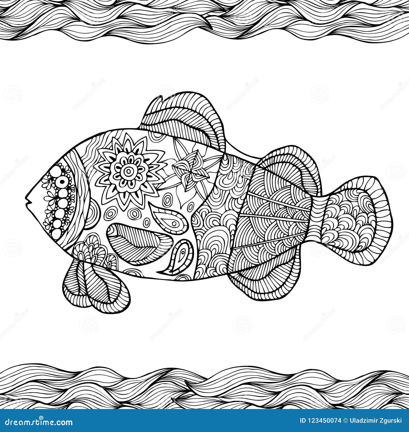 Hand drawn stylized fish with doodle zentangle floral vintage stock vector
