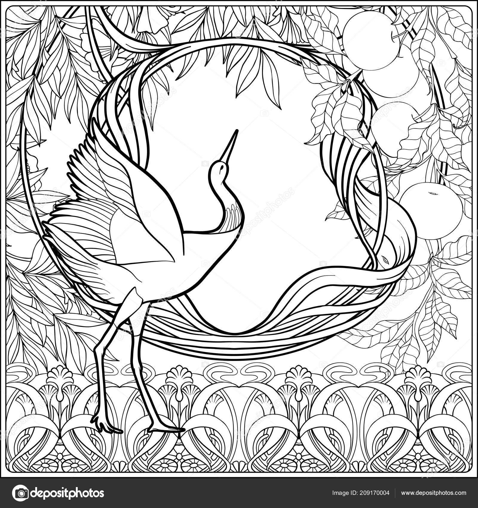 Poster with decorative flowers and carp fish in art nouveau style page for the adult coloring book stock vector by elenabesedina