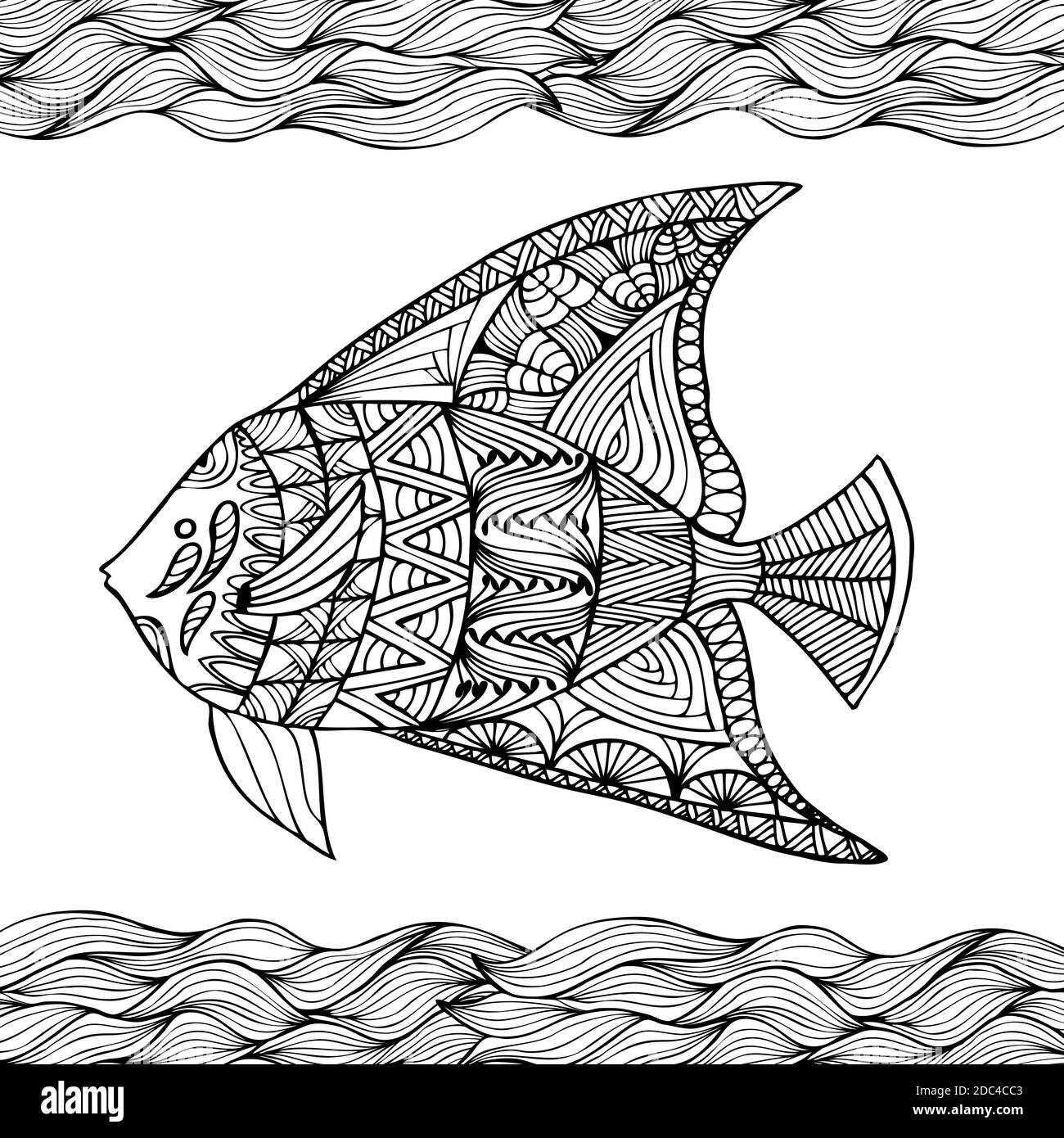 Hand drawn stylized fish with doodle zentangle floral vintage elements with waved pattern frame coloring page for coloring book for adults isola stock vector image art