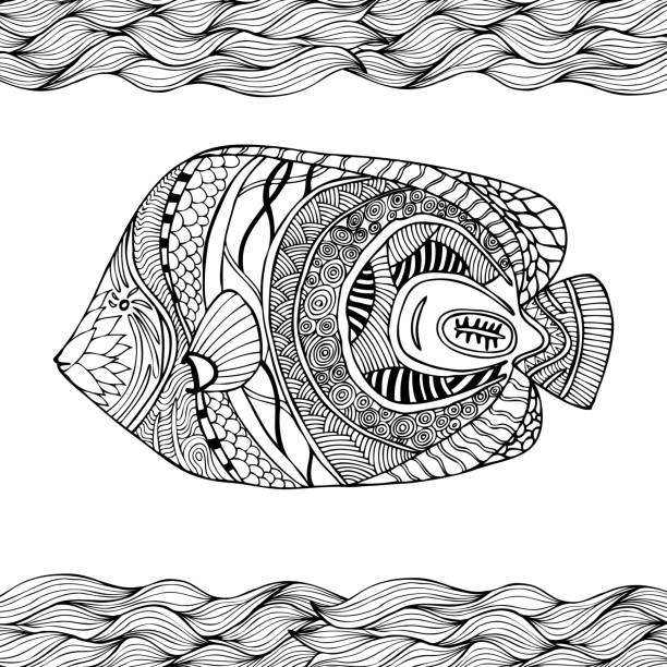 Hand drawn stylized fish with doodle floral vintage elements with waved pattern frame coloring page for coloring book for adults isolated on white stock illustration