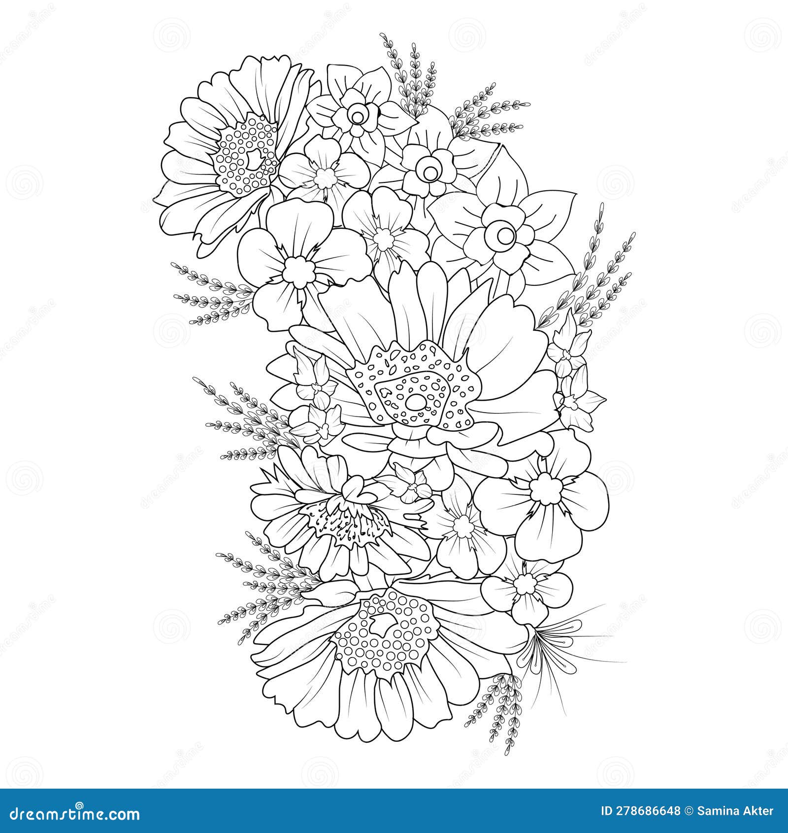Flower cluster drawing relaxation flower coloring pages for adults detailed flower coloring pages detailed flower coloring page stock vector