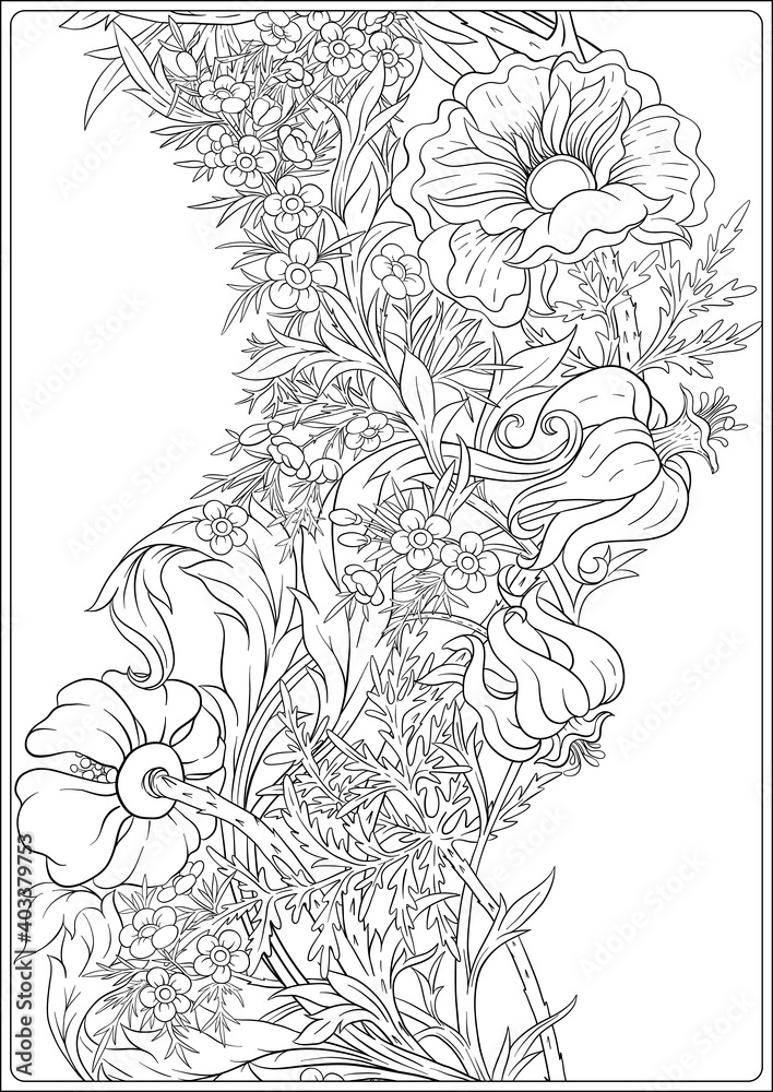 Floral seamless pattern background with in art nouveau style vintage old retro style outline vector illustration coloring page for the adult coloring book vector