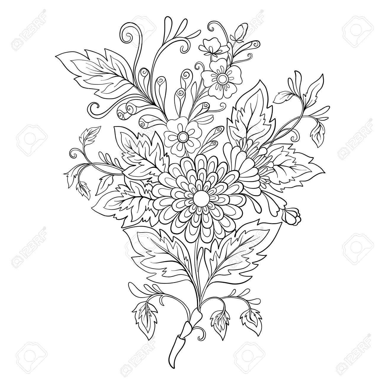 Outline vintage flowers bouquet or pattern in rococo victorian renaissance baroque royal style coloring page stock line vector illustration royalty free svg cliparts vectors and stock illustration image