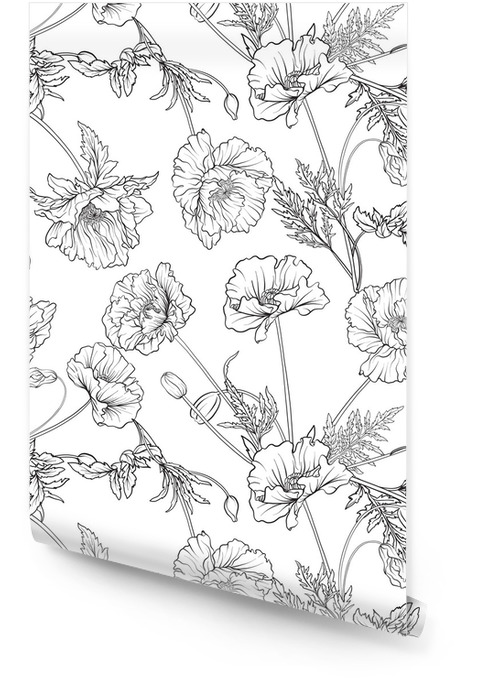 Wallpaper roll seamless pattern with poppy flowers in botanical vintage style outline hand drawing loring page for adult loring book stock line vector illustration