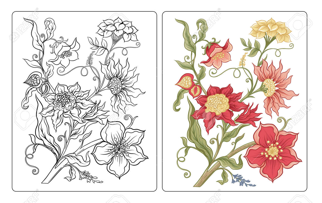 Fantasy flowers in retro vintage jacobean embroidery style coloring page for the adult coloring book with coloring sample outline vector illustration royalty free svg cliparts vectors and stock illustration image