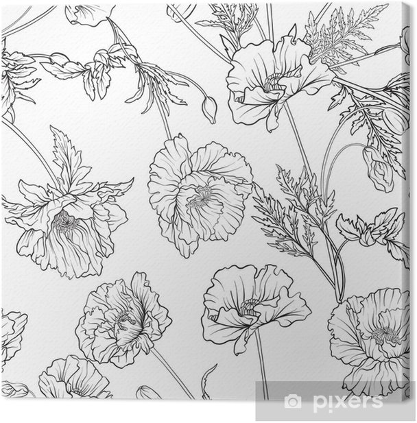 Canvas print seamless pattern with poppy flowers in botanical vintage style outline hand drawing coloring page for adult coloring book stock line vector illustration