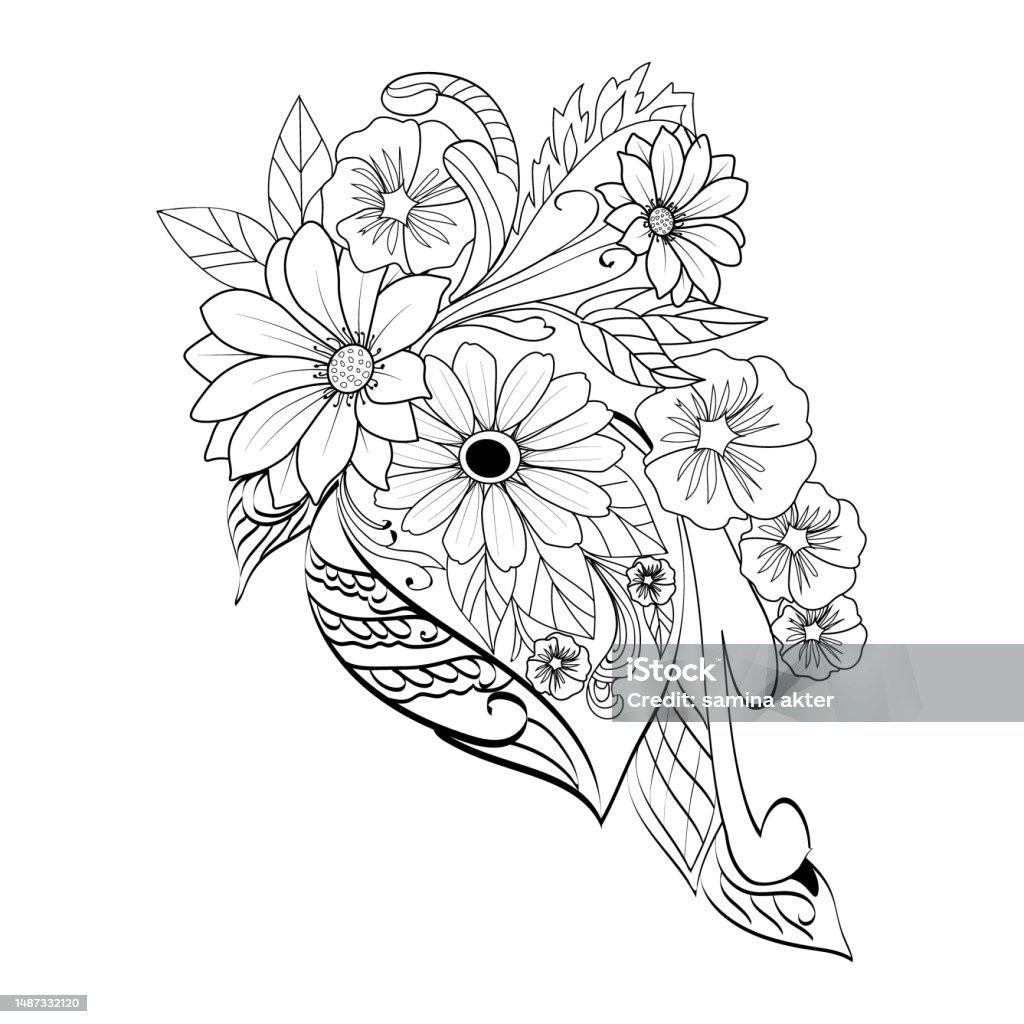 Flower coloring page for adults realistic flower coloring pages vintage floral vector illustration doodle flower art doodle flower art drawing doodle flower drawing flower drawing doodle art zentangle art stock illustration
