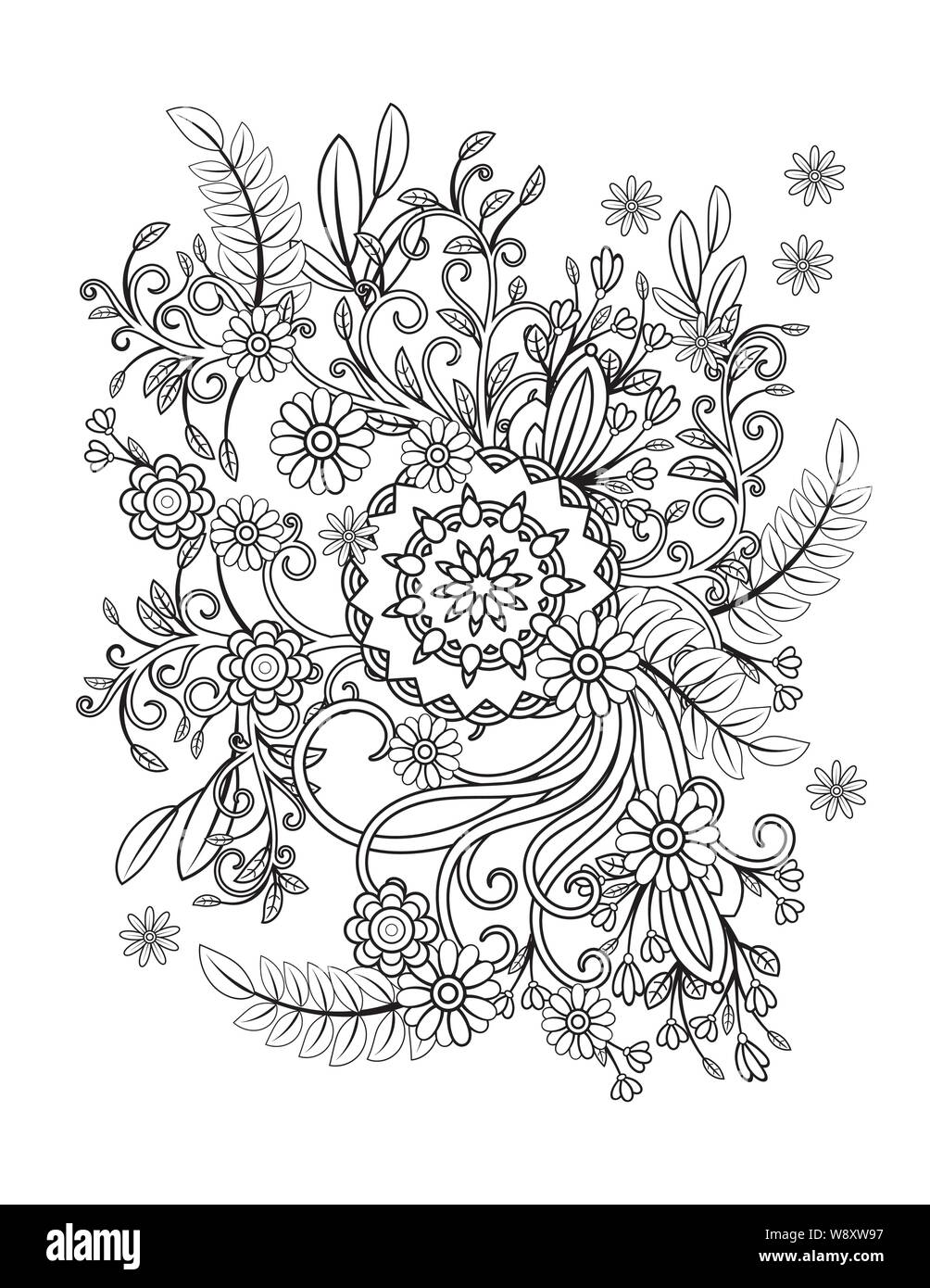 Floral mandala pattern in black and white adult coloring book page with flowers and mandalas oriental pattern vintage decorative elements hand drawn vector illustration stock vector image art