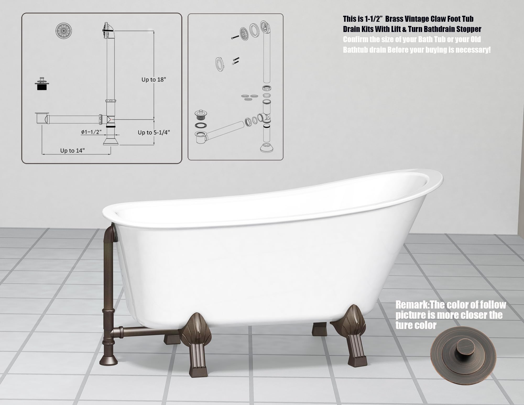 Artiwell vintage claw foot tub drain kit with lift and turn bath drain stopper