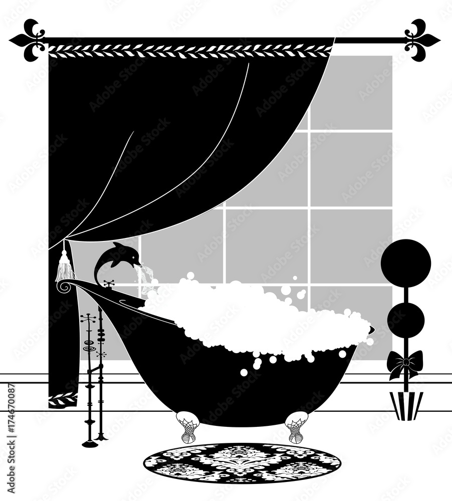 Cute black and white drawing of a bubble bath in a vintage claw