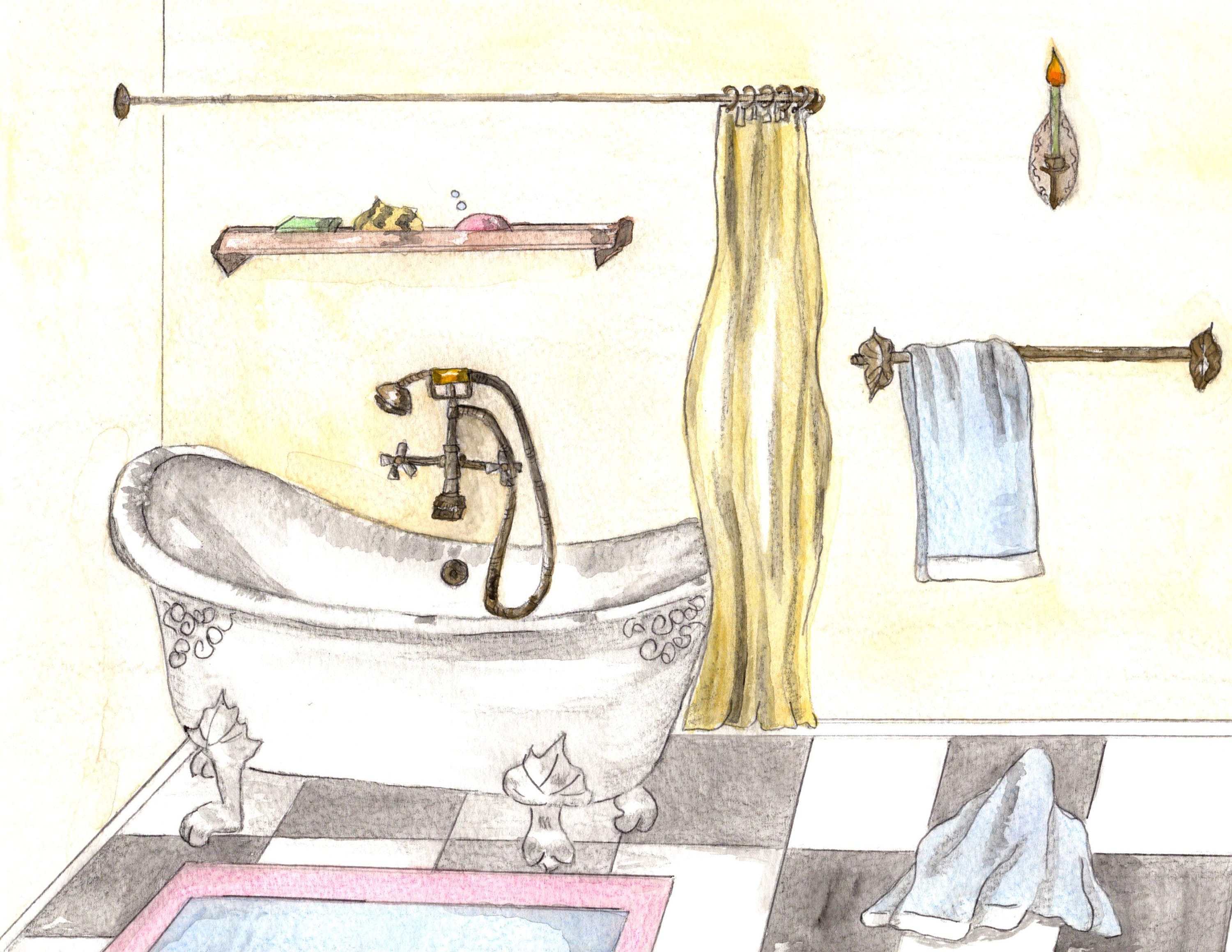Bathroom art watercolor print of vintage bathtub art deco picture claw foot tub antique fixtures washroom painting