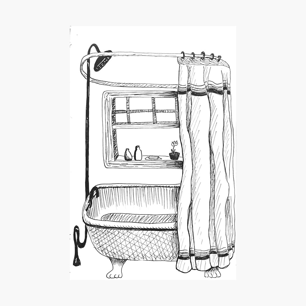 Claw foot bath tub shower ink drawing poster for sale by studiosunbear