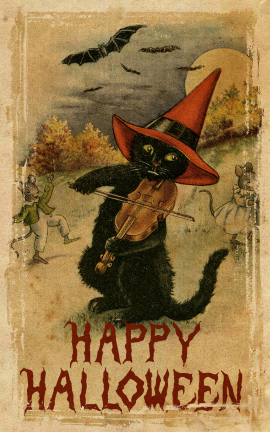 Vintage fiddling cat halloween window wall decal x card artprint â