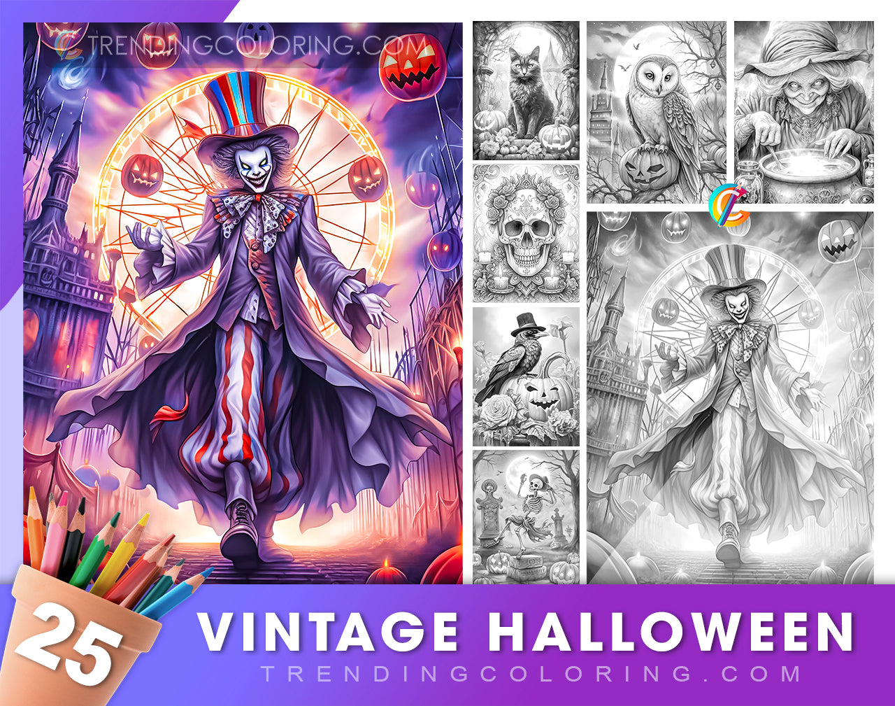 Vintage halloween grayscale coloring pages