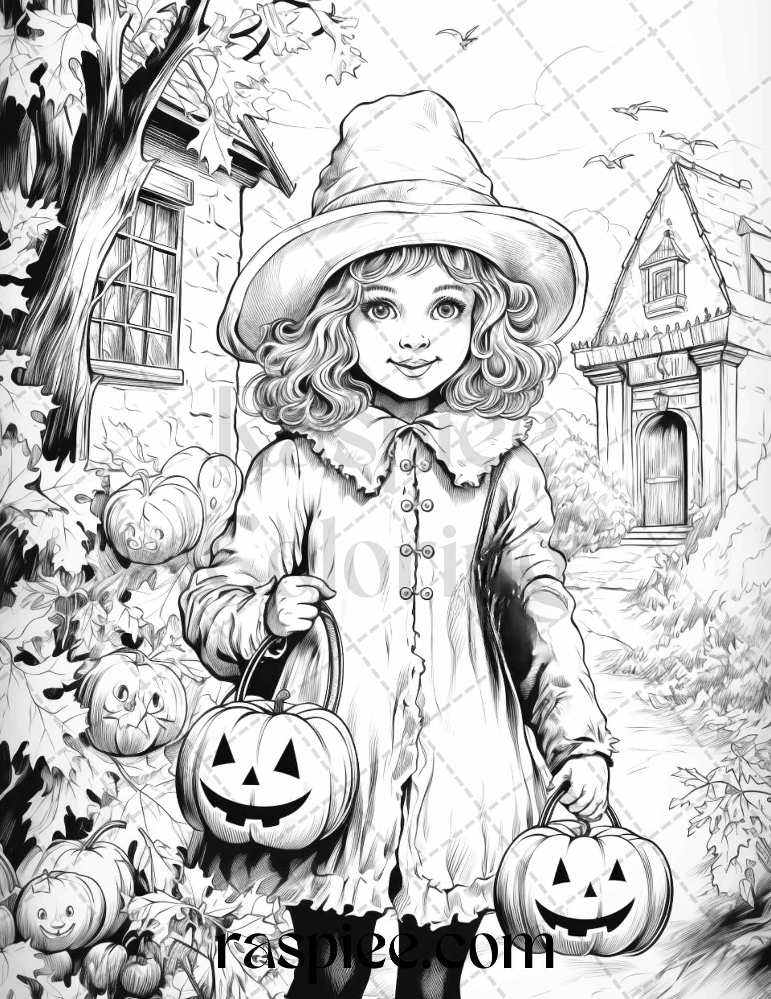 Vintage halloween trick or treat grayscale coloring pages printable â coloring