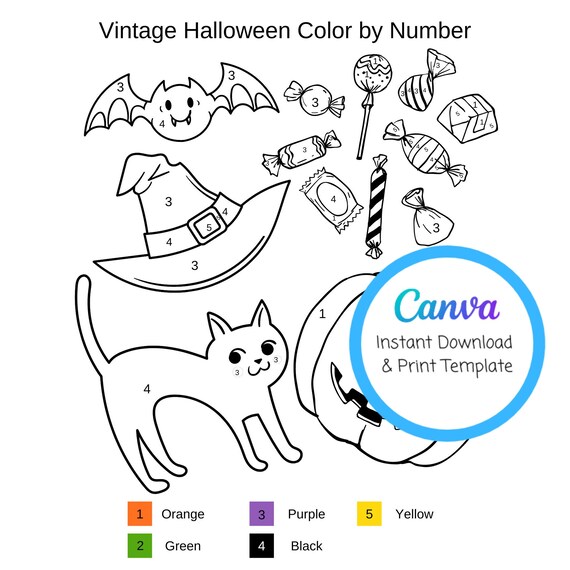 Vintage halloween color by number kids and adults coloring pages template