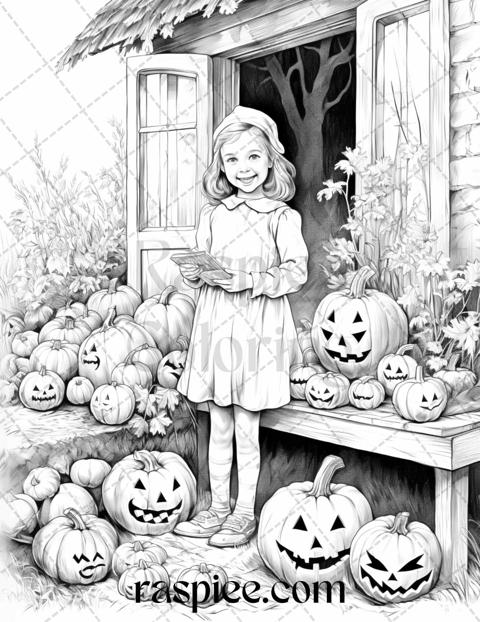 Vintage halloween trick or treat grayscale coloring pages printable â coloring