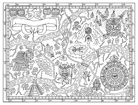 Ancient maya or pirate map for adult or kids coloring book hand drawn vector illustration with treasure hunt vintage adventures and old transportation concept doodle drawing with pass wind rose ù ùùø øªøµù ùù ù