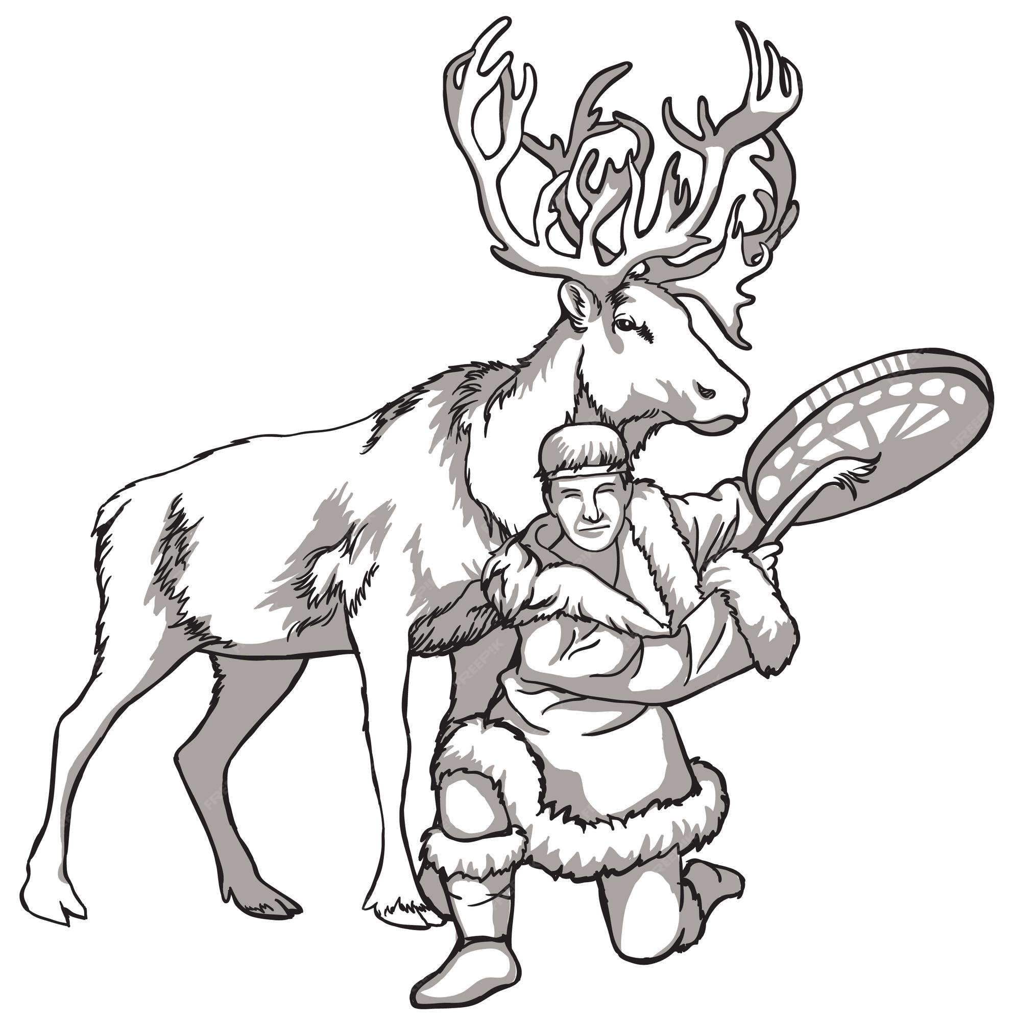 Premium vector caribou deer and indigenous peoples of northern russia vintage black and white drawing vector illust