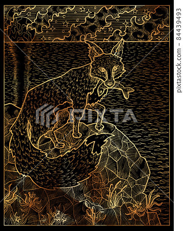 Black and gold illustration of hunting fox