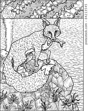 Black and white illustration of hunting fox