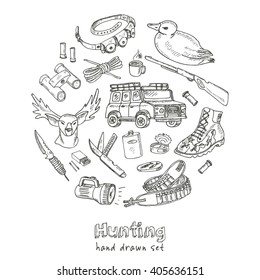 Hunting doodle set sketches vintage illustration stock vector royalty free