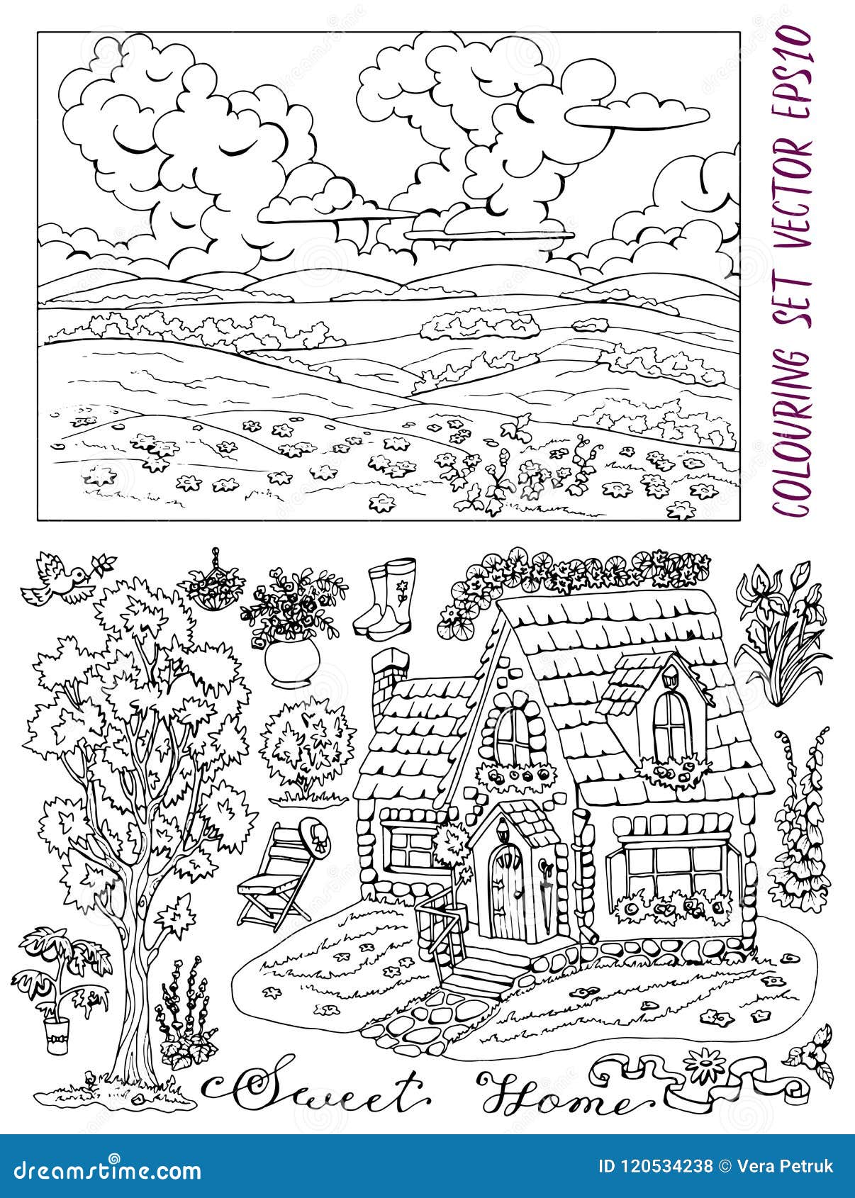 Coloring book page with summer landscape cottage tree flowers and garden objects stock vector