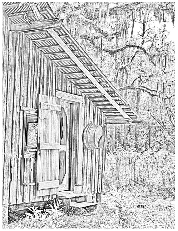 Old cabin old house forrest landscape coloring page adult