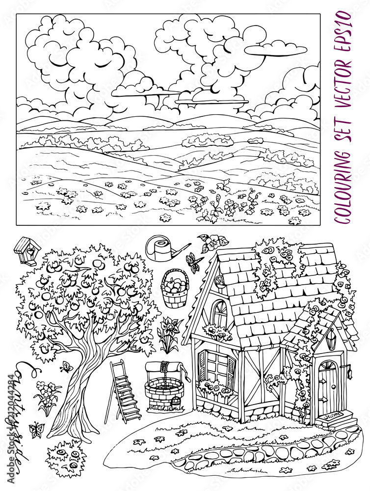 Coloring page with cute cottage countryside landscape apple tree flowers and garden objects vintage country set with rural design elements hand drawn black and white vector illustration vector