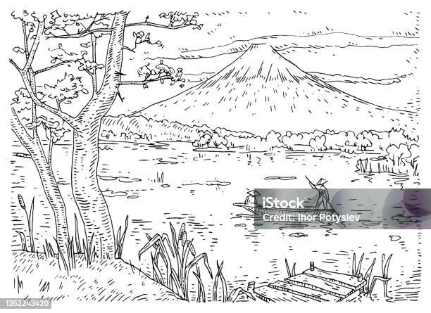 Fisherman on boat vintage vector engraving japanese landscape with mountains lake stock illustration